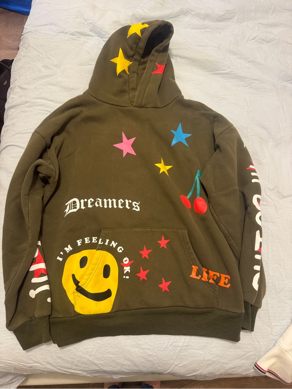 Kids Olive Green Graphic Hoodie with Star & Smile Designs